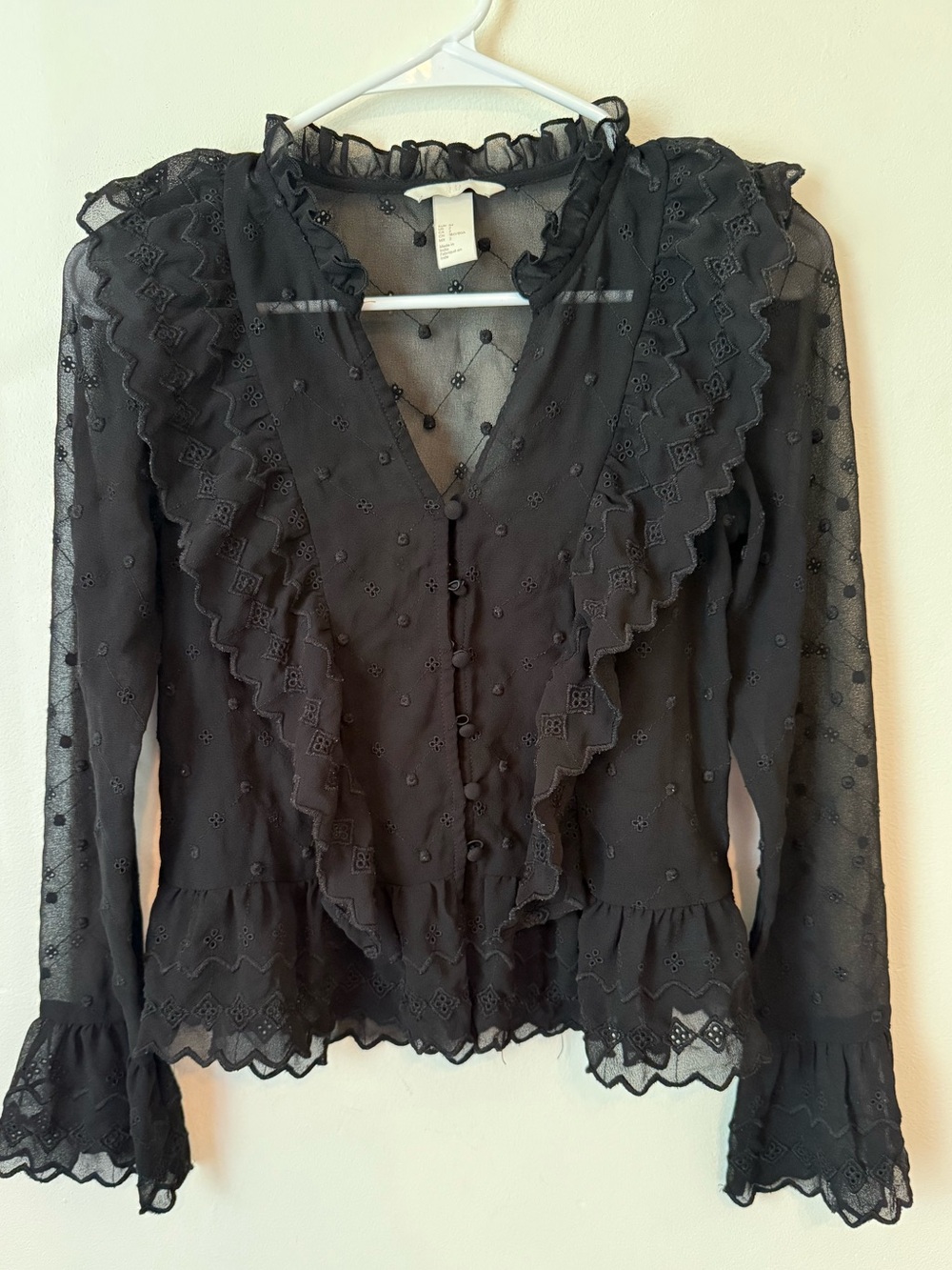 H&M Black Sheer Ruffle Button-Front Blouse